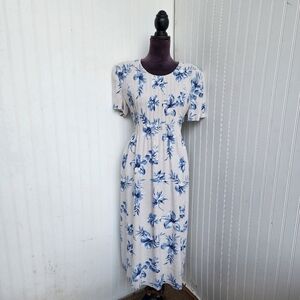 VTG Miss Dorby Floral Linen Dress Pleats  Beige Blue Womens Tie Back Zip Sz M